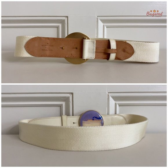 Authentic Louis Vuitton Cream Canvas Leather Boat Cruise Buckle Belt Size 95/38 main image 12